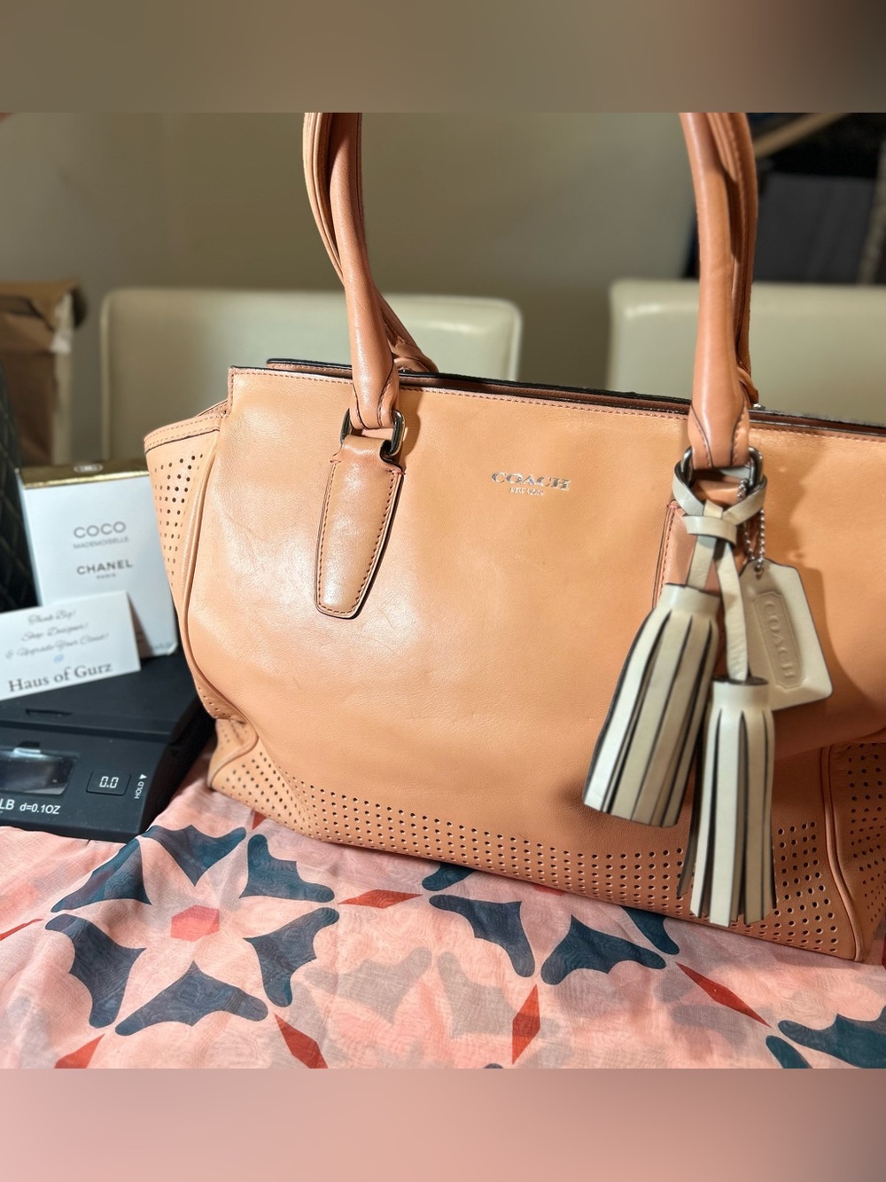 Coach Legacy Perforated Medium Candace Carryall in a coral Leather w Tassels